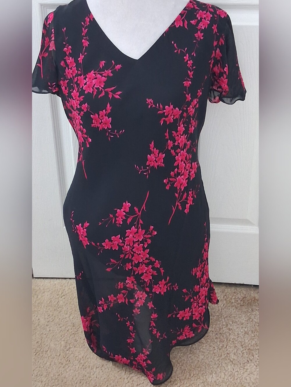 Vintage Donna Ricco New York Midi Dress With Dark Pink Cherry Blossoms Size 10